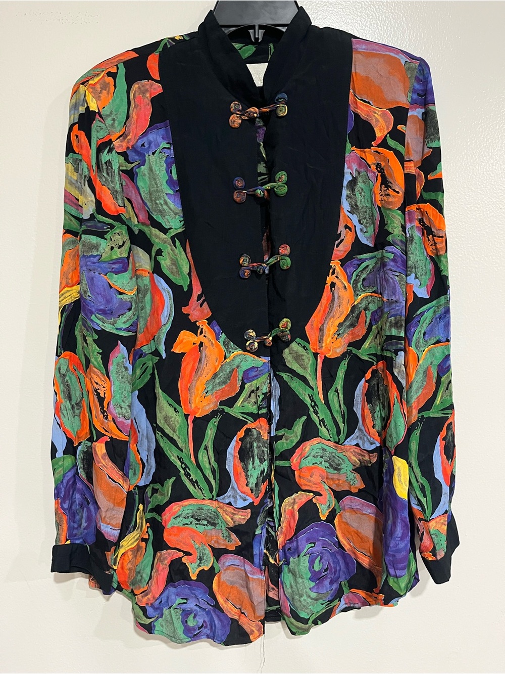 Vintage Caché Abstract Tulip Floral Blouse Bib Frog Closure 80s 90s Sz M